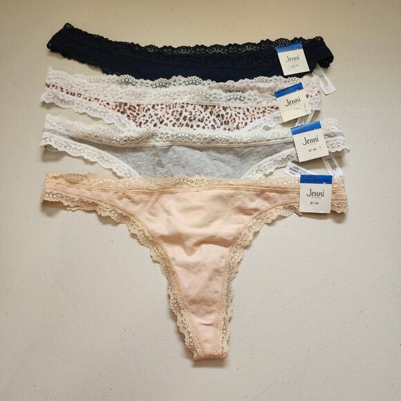 Jenni Intimates Lace-Lined Thong Womens XL Cheetah Grey Beige Blue Set Of 4 - Picture 1 of 7